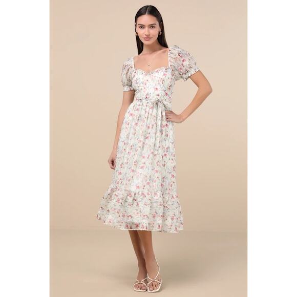 Lulus Dresses & Skirts - NWT Lulus Galiena Ivory Floral Tiered Puff Sleeve Midi Dress L